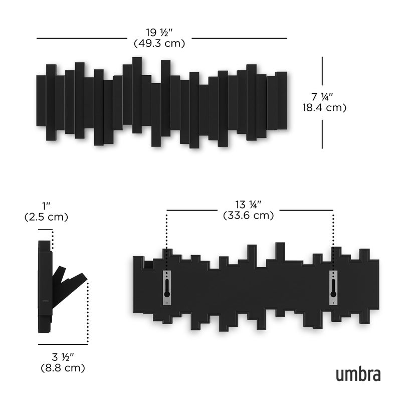Umbra Sticks Wall-Mounted Coat Rack Rail Hook with 5 Retractable Pegs â€“ Modern, Space-Saving Storage Organizer, Black - Image 3